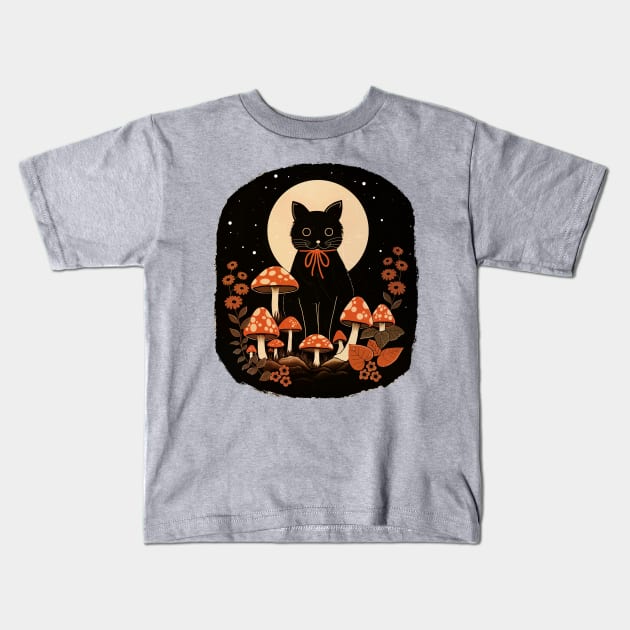 Black Cat with Mushrooms Kids T-Shirt by emanuelacarratoni